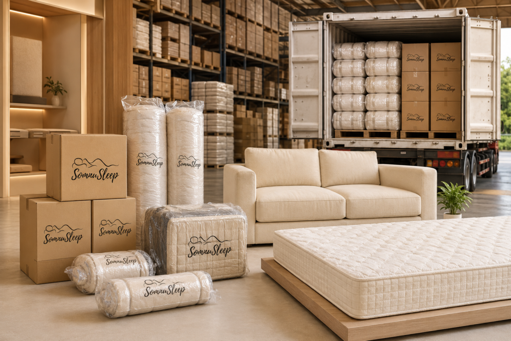 Compressed mattresses and foam sofas prepared for container loading