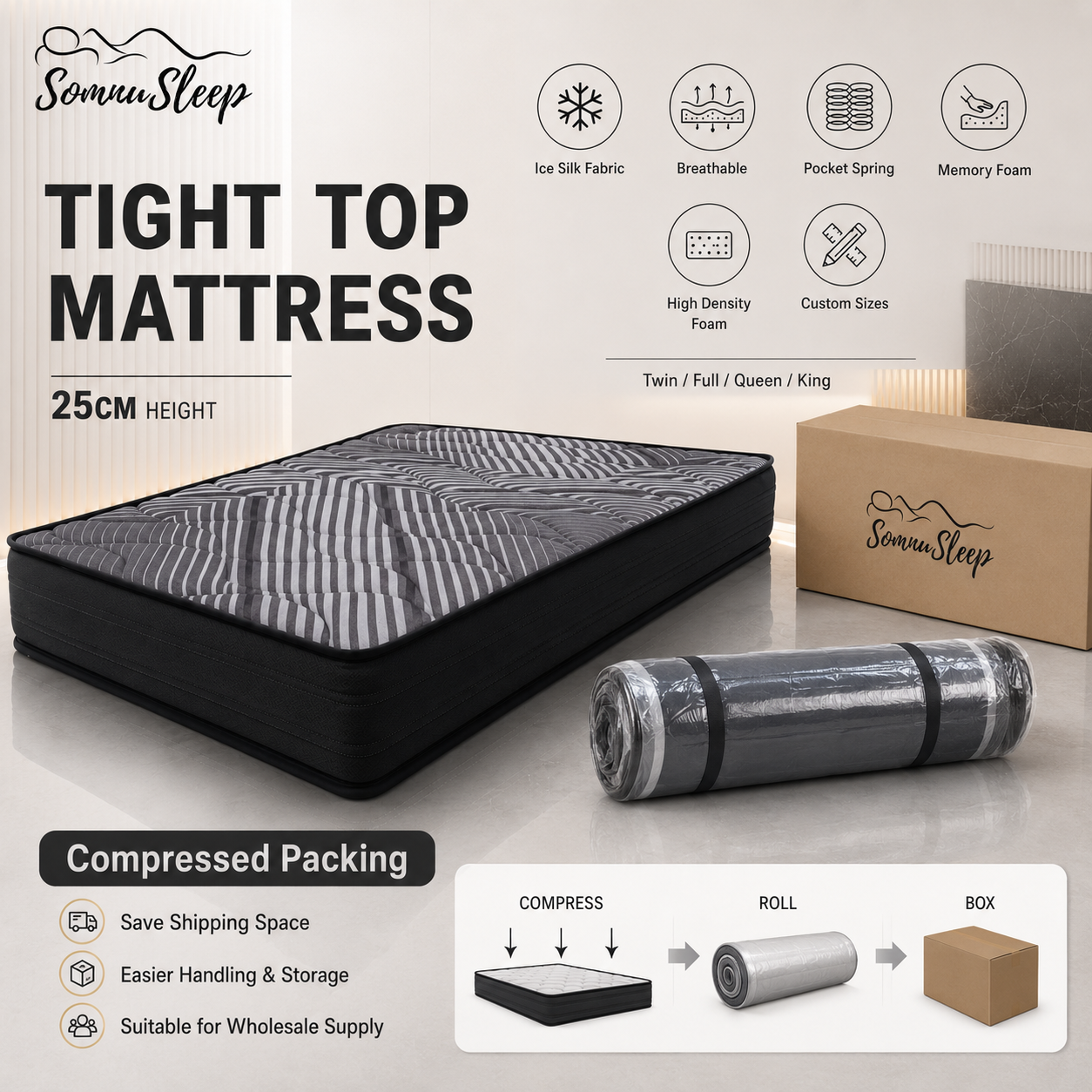 Vacuum Roll Packed Cooling Memory Foam Mattress