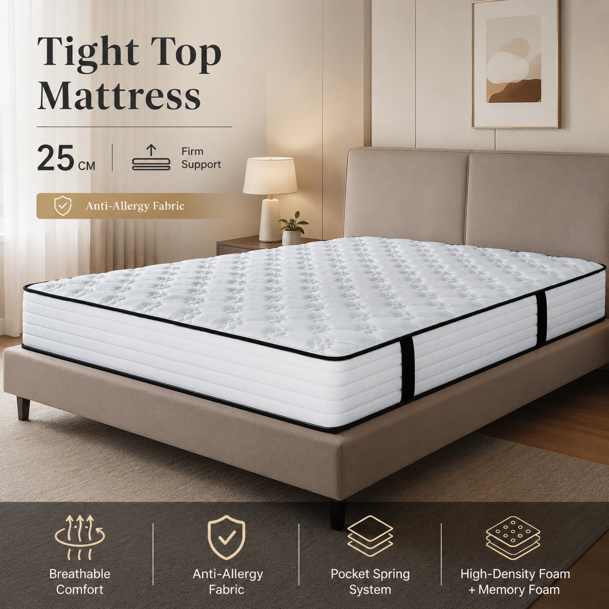 25cm Firm Tight Top Mattress with Anti-Allergy Fabric