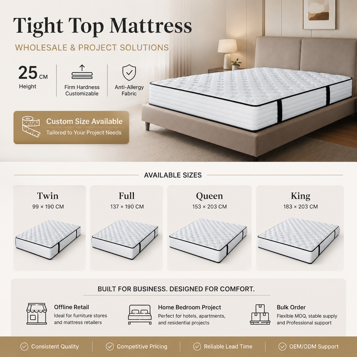 Custom Size Tight Top Mattress for Wholesale Projects