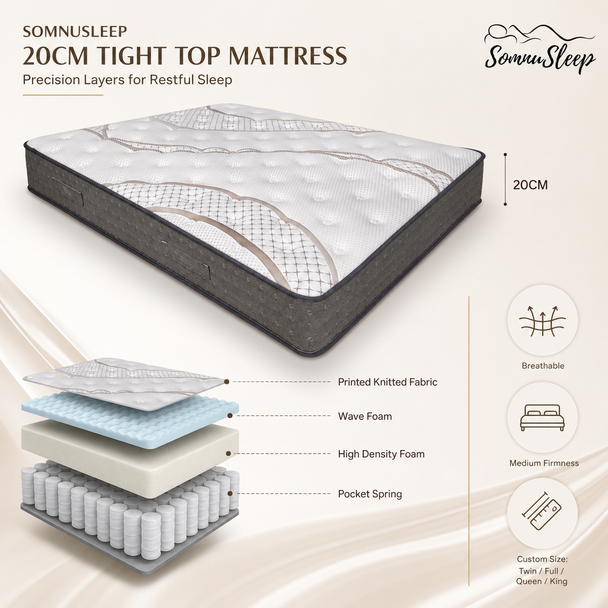 20cm Tight Top Mattress Wave Foam and Pocket Spring Structure