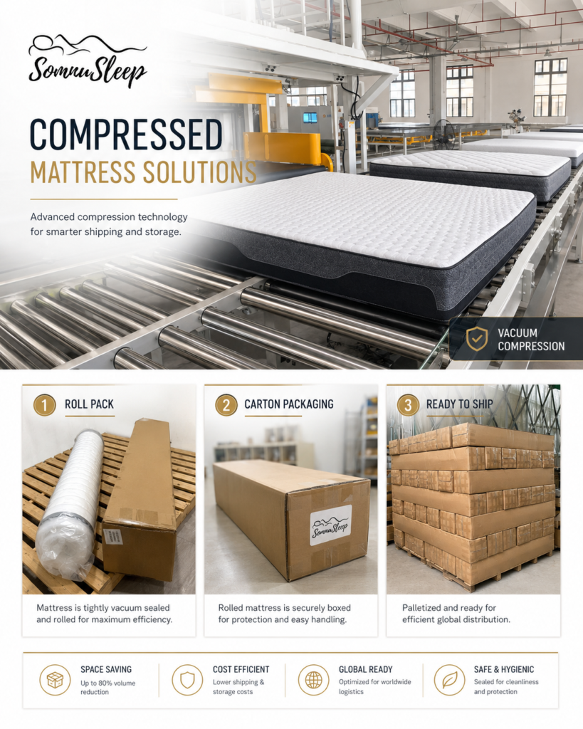 SomnuSleep compressed mattress vacuum compression and roll-pack production line