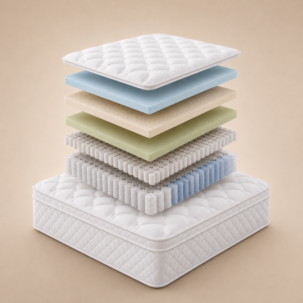 Pocket spring and hybrid mattress layered construction with foam and independent pocket springs