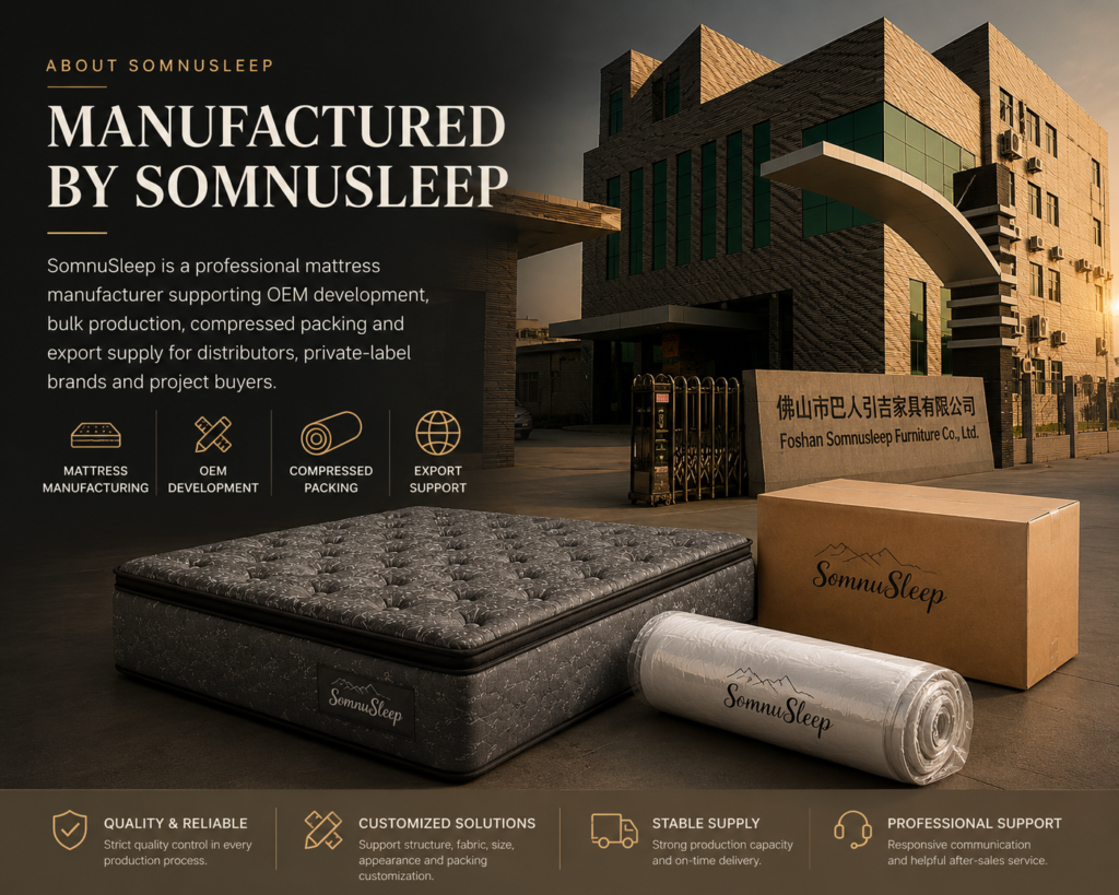 SomnuSleep mattress factory with finished mattress, roll-packed mattress and export carton