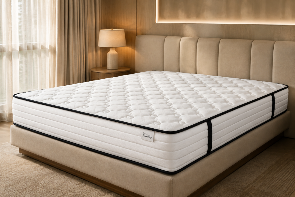 Tight top mattress in a warm modern bedroom setting