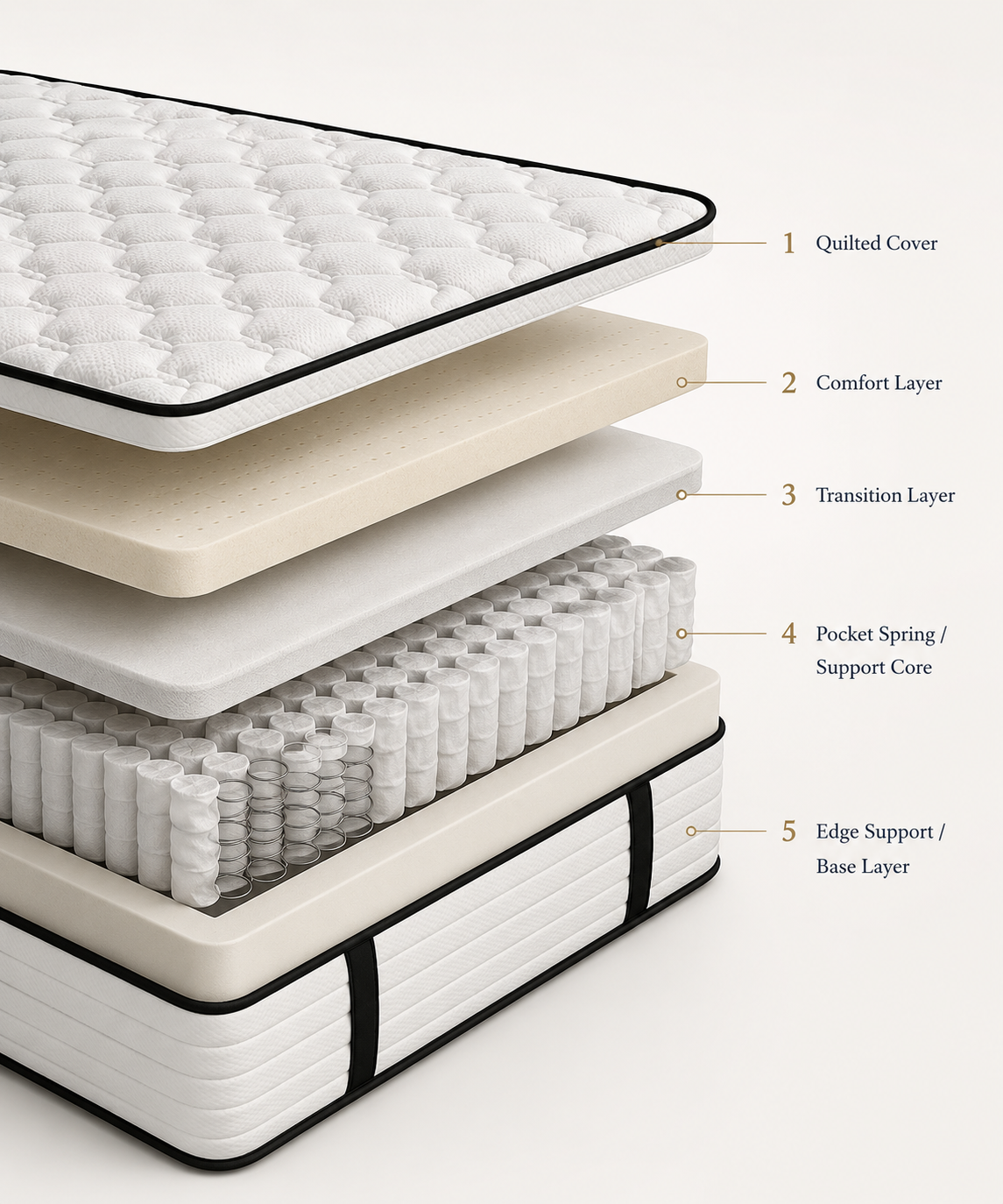 Tight top mattress construction showing quilted cover comfort layers and support core