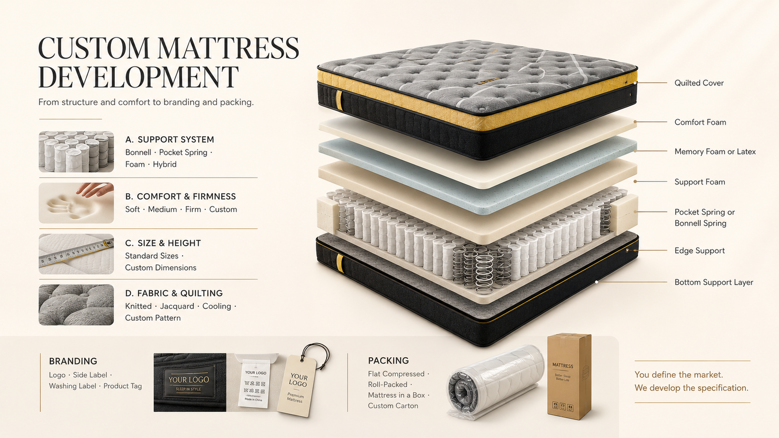 Custom mattress development with size structure private label and packing options
