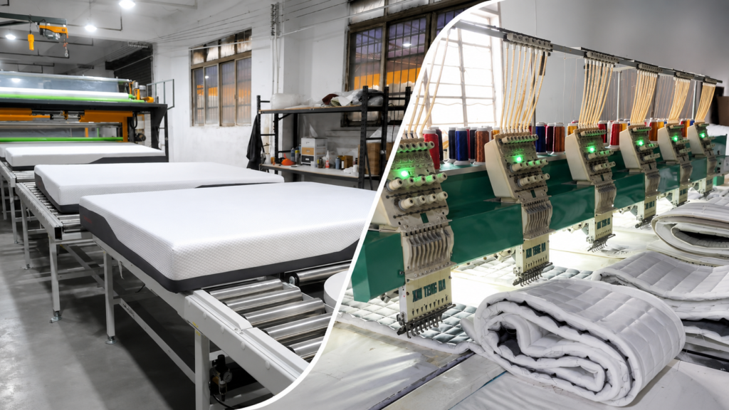 Mattress manufacturing and quilting process at SomnuSleep factory for wholesale and OEM orders