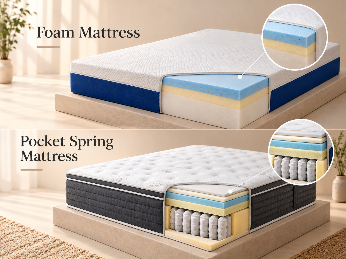 Pocket spring and foam mattress construction comparison for wholesale buyers