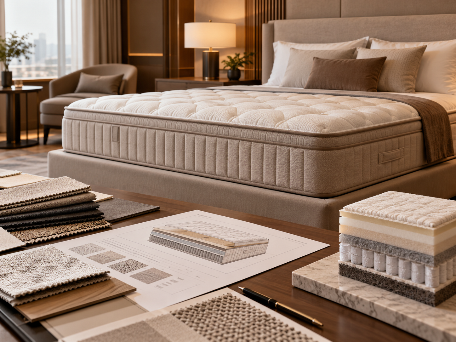 Mattress firmness specification concept with layered mattress construction and material samples