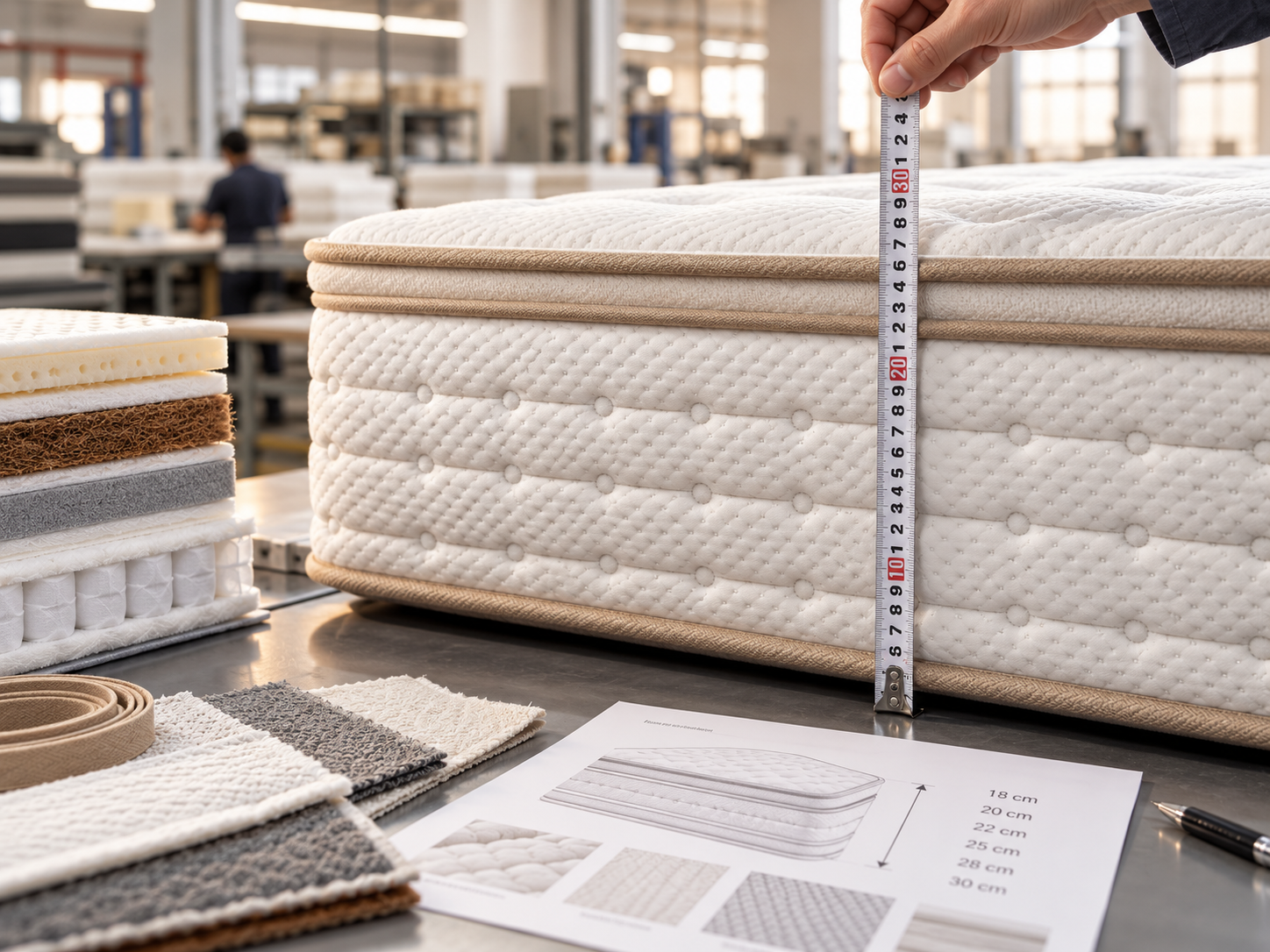 Mattress thickness measurement with construction samples and specification sheet