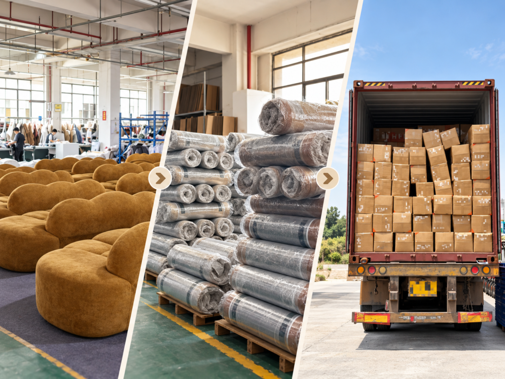 Compressed sofa factory production, vacuum packing and export shipping process
